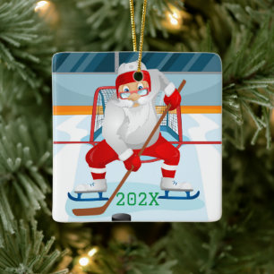 Custom Santa Playing Hockey Ceramic Ornament