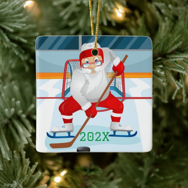 Custom Santa Playing Hockey Ceramic Ornament (Tree)
