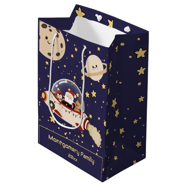 Custom Santa Spaceship Christmas Medium Gift Bag (Front Angled)
