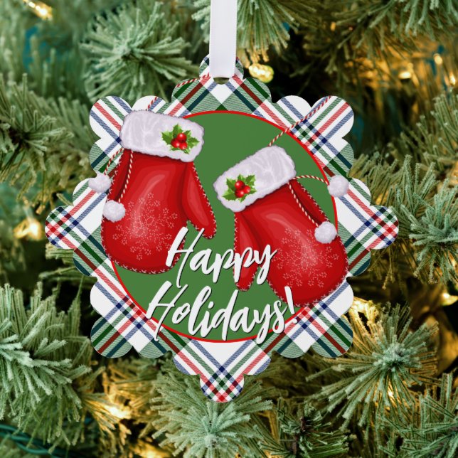 Custom Santas Mittens On Red Green Plaid Pattern Tree Decoration Card (Insitu (Tree))