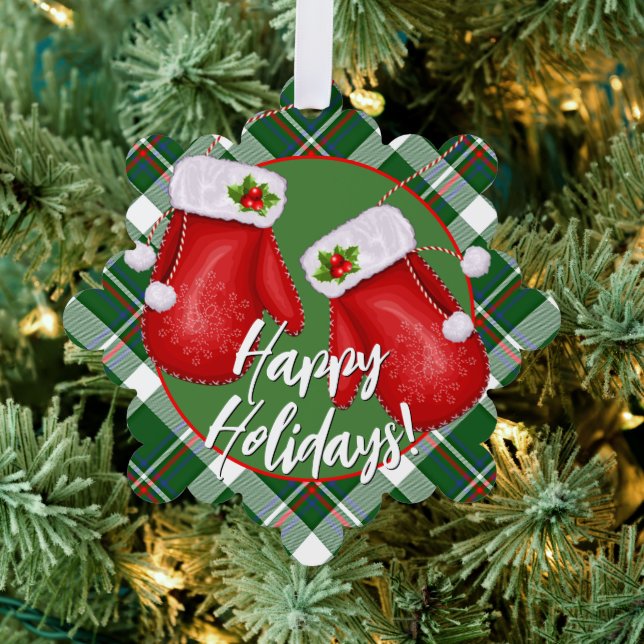Custom Santas Mittens On Red Green Plaid Pattern Tree Decoration Card (Insitu (Tree))