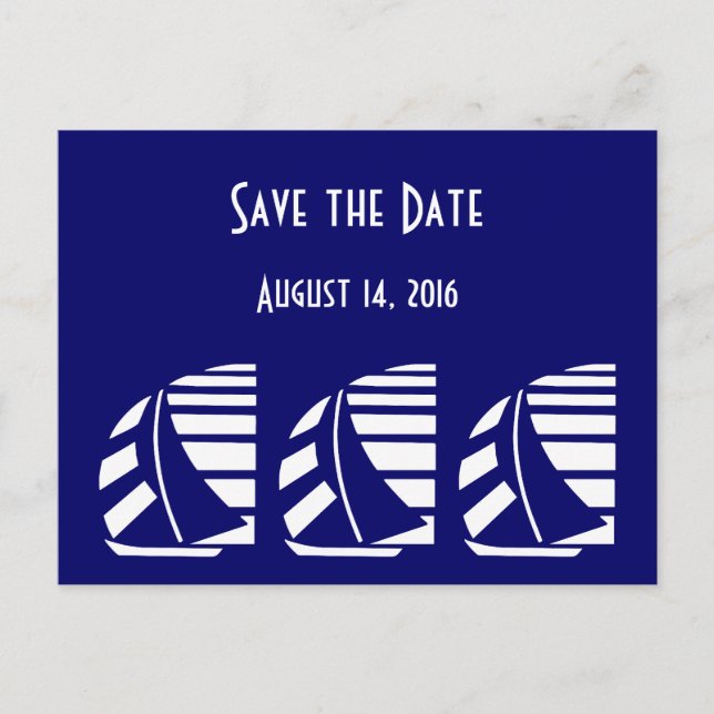 Custom Save the Date Blue White Sailboats Postcard (Front)