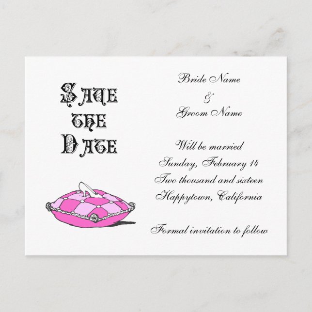 Custom Save the Date Cinderella Slipper on Pink Announcement Postcard (Front)