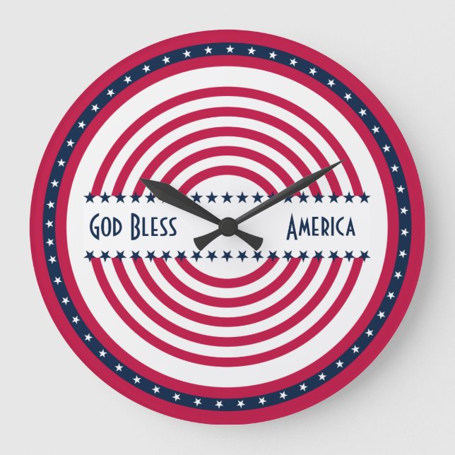 Custom Saying God Bless America Stars n Stripes Large Clock (Front)