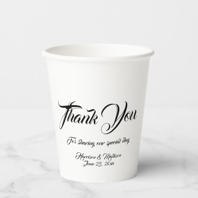 Custom script black and white thank you Wedding Paper Cups (Front)