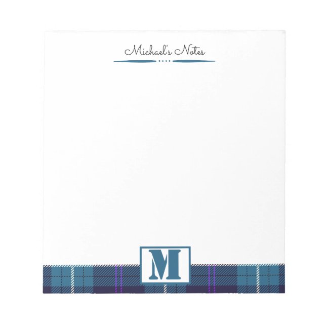 Custom Script Celadon Blue Plaid Tartan Monogram Notepad (Front)