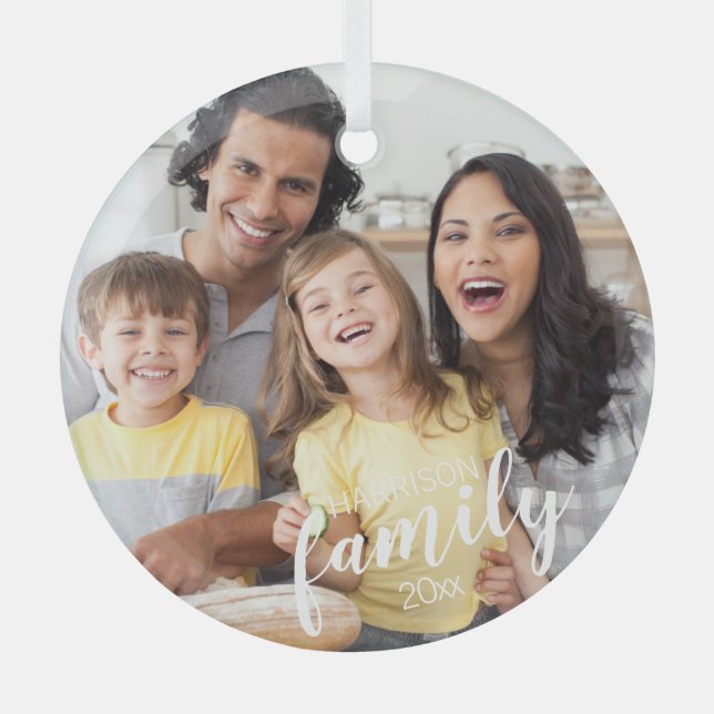 Custom Script FAMILY Photo Personalised Keepsake Glass Tree Decoration (Front)