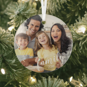 Custom Script FAMILY Photo Personalised Keepsake Glass Tree Decoration