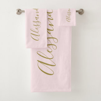 Custom Script Gold Name Pastel Pink Minimalist Bath Towel Set