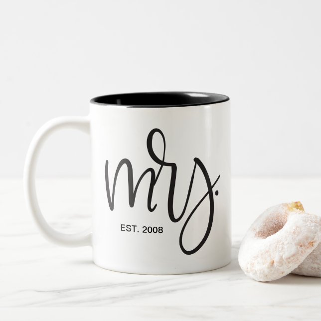 Custom Script, "Mrs." ESTABLISHED Two-Tone Coffee Mug (With Donut)