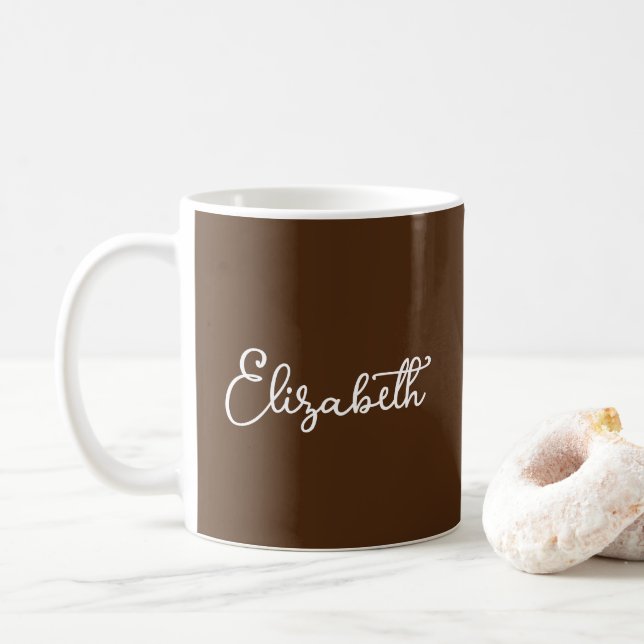 Custom Script Name Elegant Brown Template Coffee Mug (With Donut)
