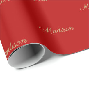 Custom script Name gold crimson red Birthday   Wrapping Paper