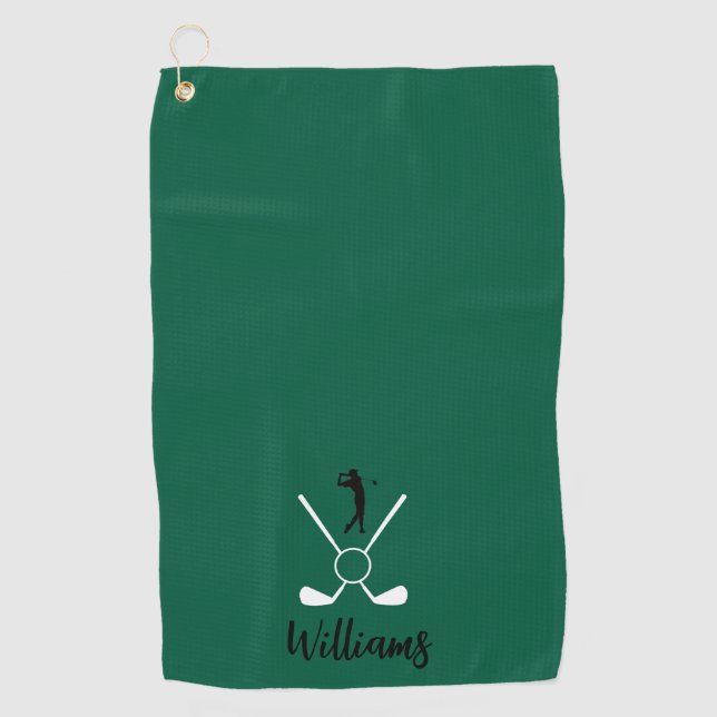 Custom Script Name Golf Clubs Navy Blue Golf Towel (Front)