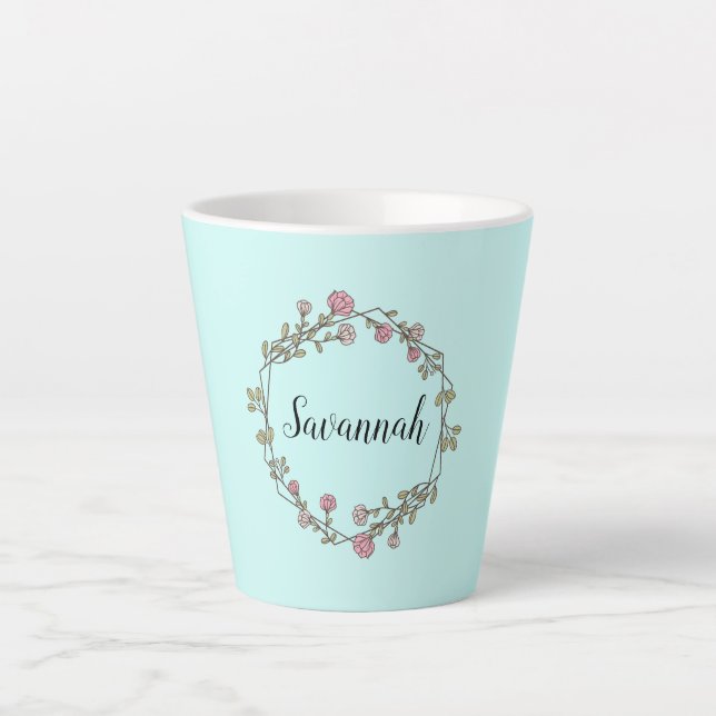 Custom Script Name Monogram In Wildflower Wreath Latte Mug (Front)