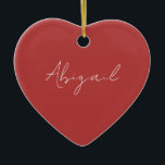 Custom Script Name Red & White Ceramic Tree Decoration<br><div class="desc">Script Name Simple Heart Ornament.  Year on the back.  Red and White.</div>