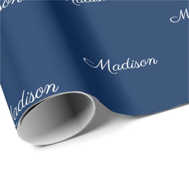 Custom script Name Text blue white Birthday Gift Wrapping Paper (Roll Corner)