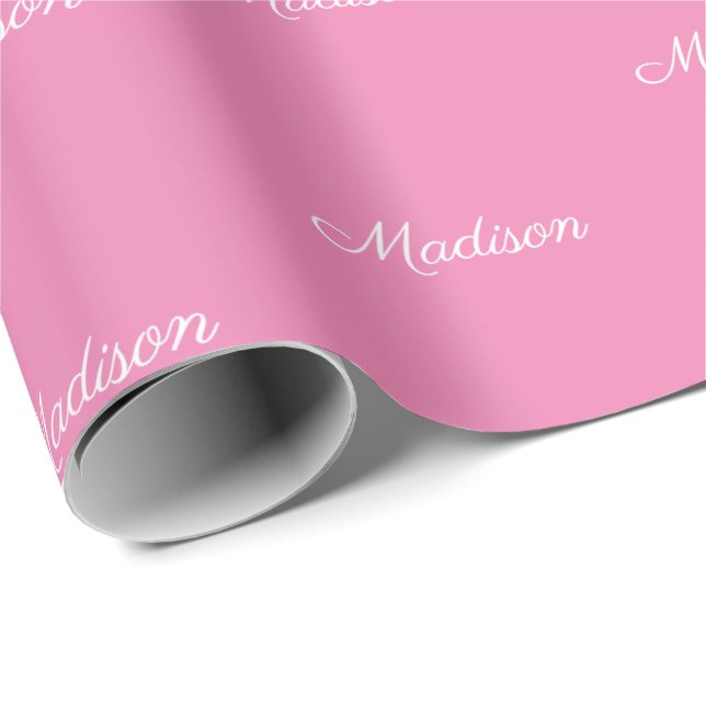 Custom script Name Text pink white chic Wrapping Paper (Roll Corner)