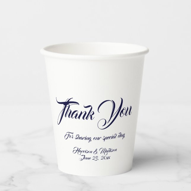 Custom script navy blue white thank you Wedding Paper Cups (Front)