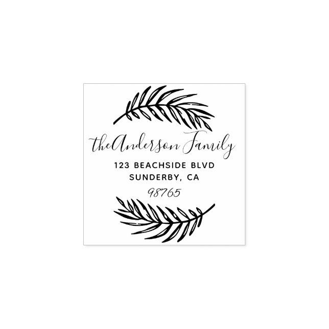 Custom Script Palm Leaves Wreath Return Address Rubber Stamp (Imprint)