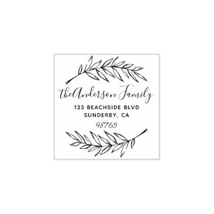 Custom Script Palm Leaves Wreath Return Address Rubber Stamp