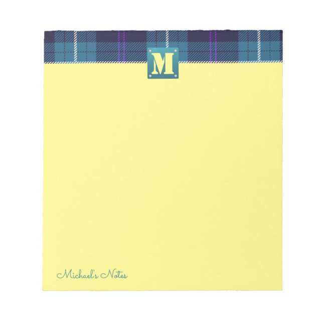 Custom Script Plaid Tartan Leather Monogram Yellow Notepad (Front)