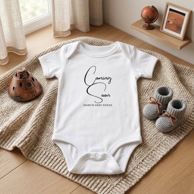 Custom Script (Pregnancy Announcement) Coming Soon Baby Bodysuit (coming soon newborn announcement bodysuit, personalized due date baby clothes, fun baby gifts )
