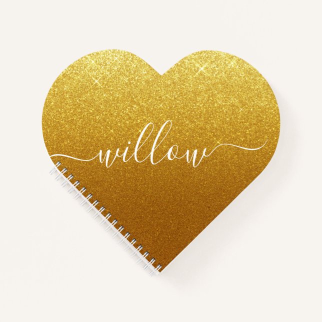 Custom Script Signature Gold Glitter Heart Shape  Notebook (Front)