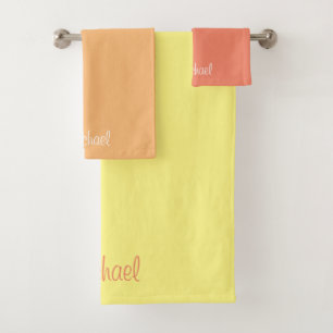Custom Script Typography Name Yellow Orange Salmon Bath Towel Set