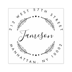 Custom Script & Wreath Last Name Return Address Rubber Stamp
