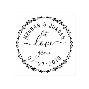 Custom Script & Wreath Let Love Grow Wedding Rubber Stamp