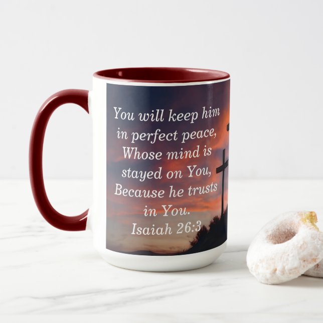 Custom Scripture Faith Coffee Mug Isaiah 26:3 (With Donut)