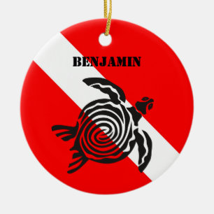 Custom Scuba Diving Flag and Sea Turtle Ceramic Tree Decoration