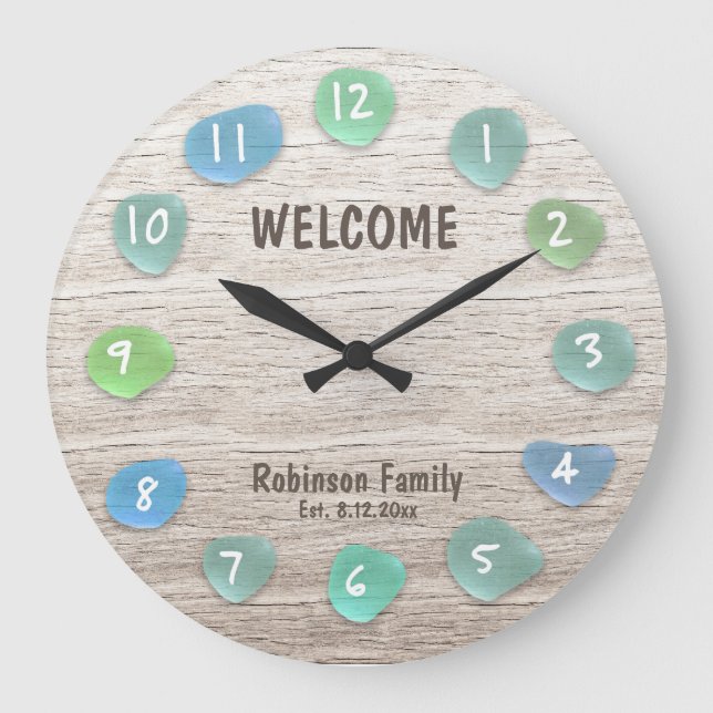 Custom Sea Glass Beach Driftwood Large Clock (Front)