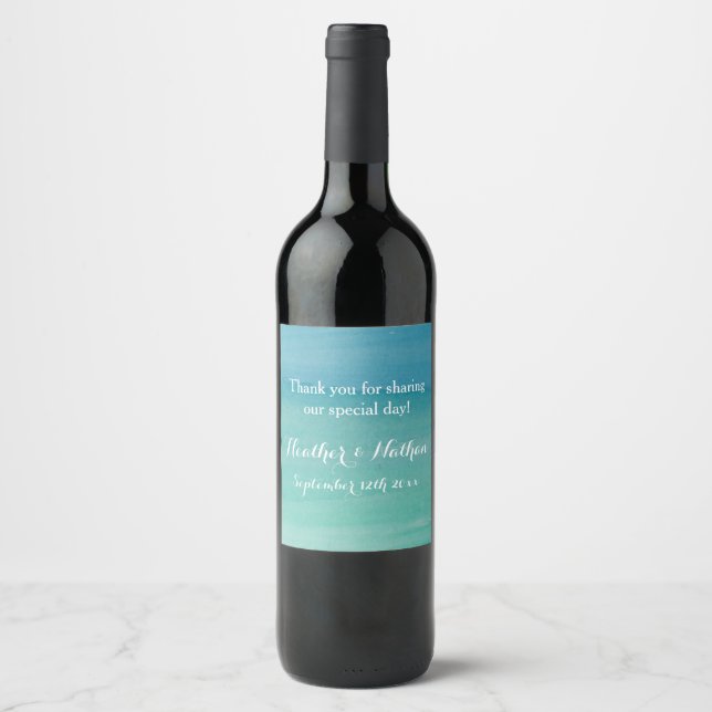 Custom sea green beach wedding wine & spring water wine label (Front)