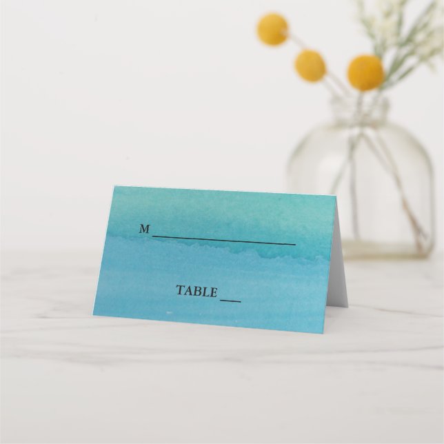 Custom sea green watercolor wedding place cards (Front)