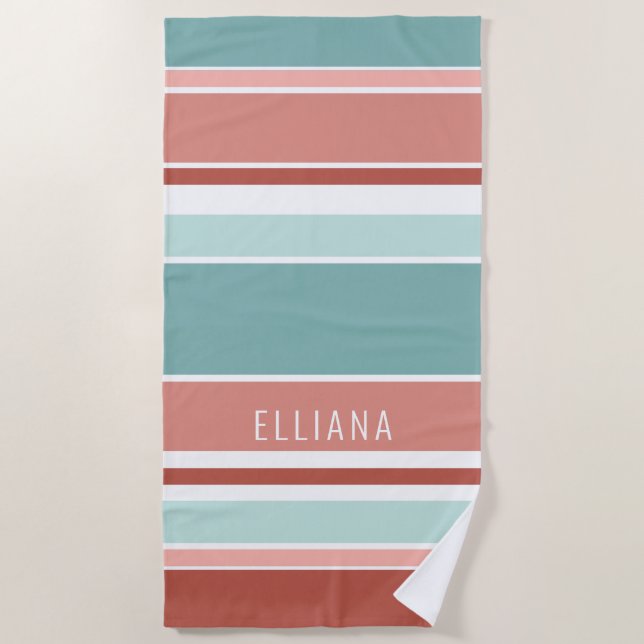Custom Seafoam Green Coral Red Blush Pink Stripes Beach Towel (Front)