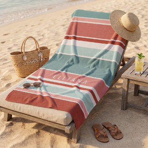 Custom Seafoam Green Coral Red Blush Pink Stripes Beach Towel