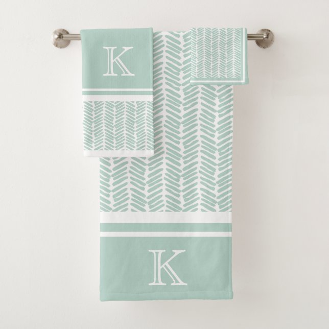 Custom Seaglass Mint Green White Zigzag Stripes Bath Towel Set (Insitu)