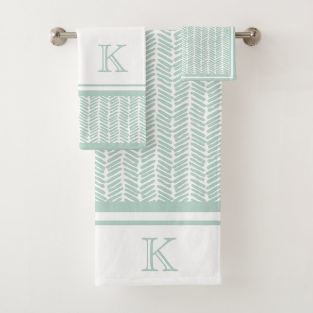 Custom Seaglass Mint Green White Zigzag Stripes Bath Towel Set (Insitu)
