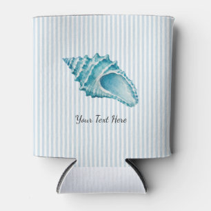 Custom Seashell Conch Shell Coastal Blue Stripe Can Cooler