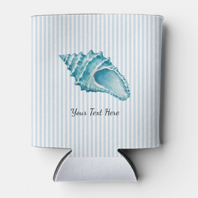 Custom Seashell Conch Shell Coastal Blue Stripe Can Cooler (Front)