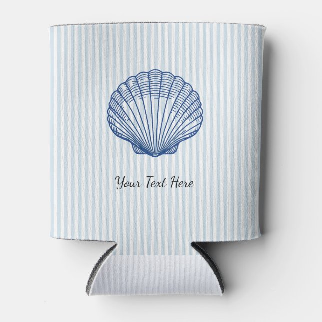 Custom Seashell Painting Coastal Blue Stripe Can Cooler (Front)
