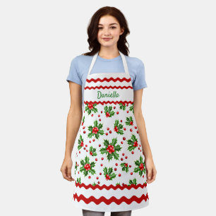 Custom Seasonal Red Holly Berries Green Leaves Apron
