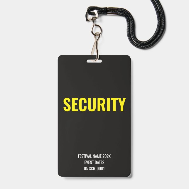 Custom Security Access Concert Festival Yellow ID Badge (Front with Lanyard)