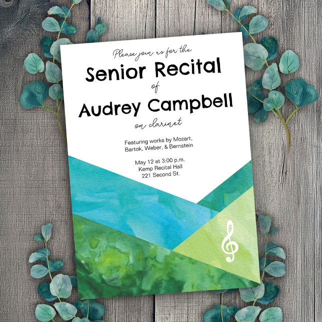 Custom Senior Recital Music Themed Invitation (Customizable senior recital invitation template with treble clef.)
