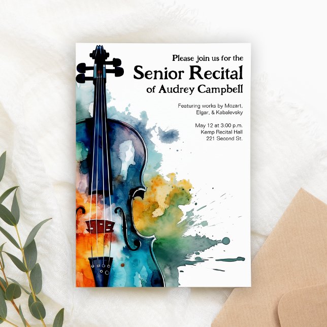 Custom Senior Violin Recital Music Themed  Invitation (Customizable recital invitation template for violin players.)