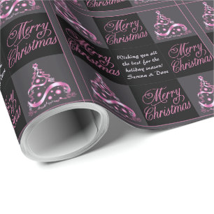 Custom Sentiment Elegant Pink Black Grey Christmas Wrapping Paper