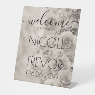 Custom Sepia Vintage Flowers Welcome Wedding  Pedestal Sign
