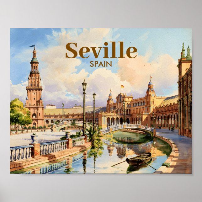 Custom Seville Spain Plaza de Espana Watercolor Poster (Front)