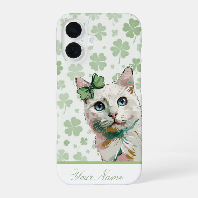 Custom Shamrock Cat with Blue Eyes iPhone 16 Case (Back)